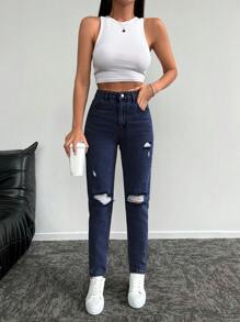 SHEIN Cottnline 女性破洞修身牛仔褲 - 深色水洗藍 - 查看 5