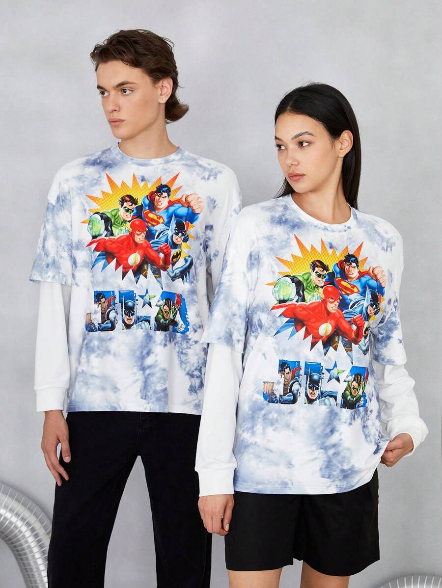 JUSTICE LEAGUE X SHEIN 1入組紮染字母和卡通圖案落肩袖假兩入組T恤 - 彩色 - 查看 1