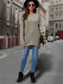 EMERY ROSE 麻花編織落肩袖不對稱下擺套頭毛衣 - 灰色 - 查看 5