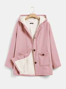 SHEIN EZwear Hơn Túi Kép Nút phía trước Áo trùm đầu - Bụi hồng - Xem 3