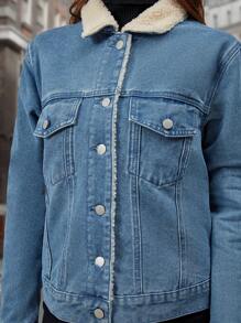 EMERY ROSE Flap Detail Teddy Lined Denim Jacket - Teal Blue - View 3