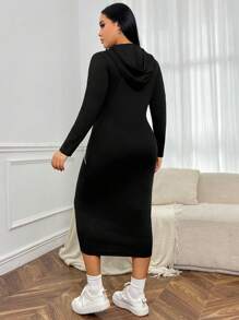 SHEIN EZwear Plus Top-stitching Zip Up Hooded Bodycon Dress - Black - View 2