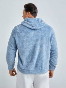 GENTILAND Loose Fit Men's Plus Size Letter Embroidery Drop Shoulder Fleece Hoodie - Blue - View 2