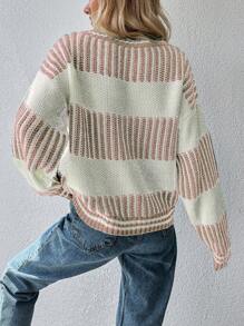 EURMUSE Jersey con patrón de rayas de hombros caídos - Rosa Pálido - Ver 2