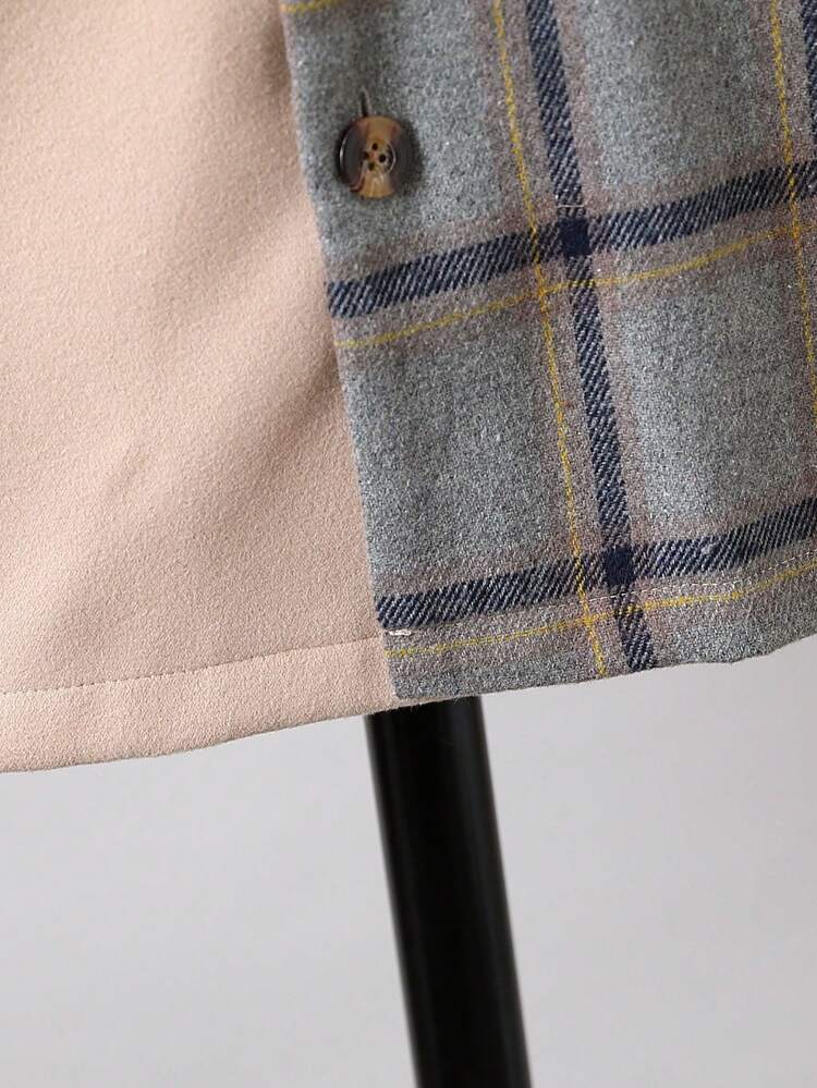 Tween Boy Plaid Print Lapel Collar Colorblock Overcoat Without Sweater
