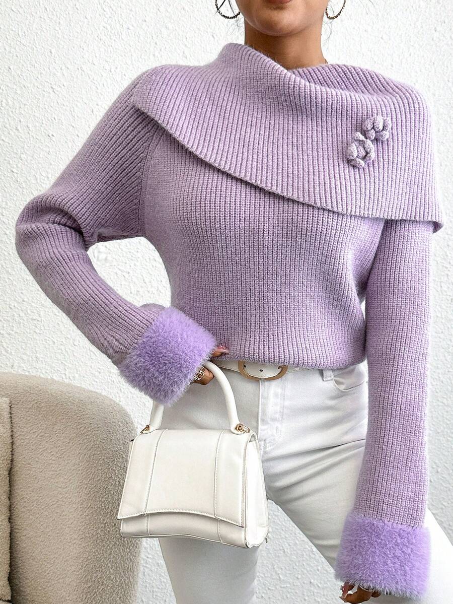 SHEIN Privé Jersey aplique doblado cuello de manga raglán - Morado - Ver 1