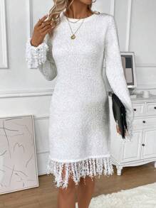 SHEIN Clasi Fringe Trim Sweater Dress - White - View 3