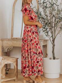 Vestido Longo de Festa Casual Boêmio Feminino de Manga Curta com Gola em V e Franzido com Estampa Floral - Vermelho - Visão 5