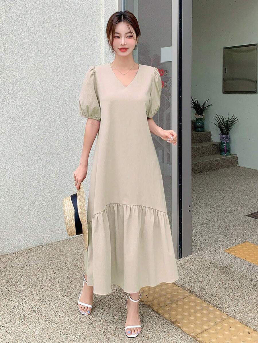 DAZY 泡泡袖荷叶边下摆宽松连衣裙 - 杏色 - 查看 1