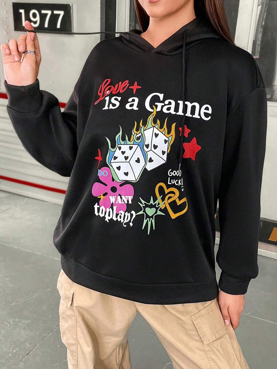 Flirla Plus Size Cartoon & Letter Graphic Drop Shoulder Drawstring Sweatshirt Pullover Fall Sweatshirt - Black - View 1