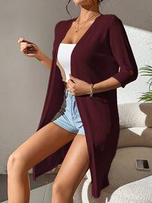 SHEIN Privé 纯色休闲设计开衫 - 酒紅色 - 查看 4