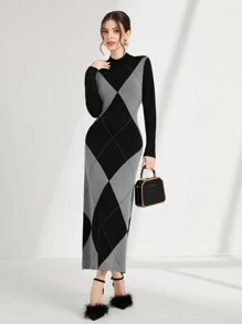 Mulvari Họa tiết Argyle Đầm Áo len - màu đen - Xem 1