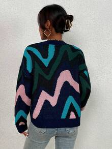 SHEIN Unity 圖形圖案落肩袖套頭毛衣 - 藏蓝色 - 查看 2