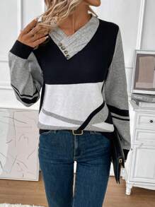 SHEIN LUNE Color Block Button Detail Sweater - Multicolor - View 1