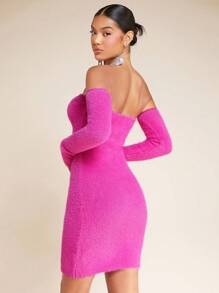 SHEIN BAE Off Shoulder Bodycon Sweater Dress - Hot Pink - View 2