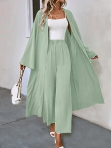 SHEIN LUNE Solid Open Front Coat & Wide Leg Pants - Green - View 6