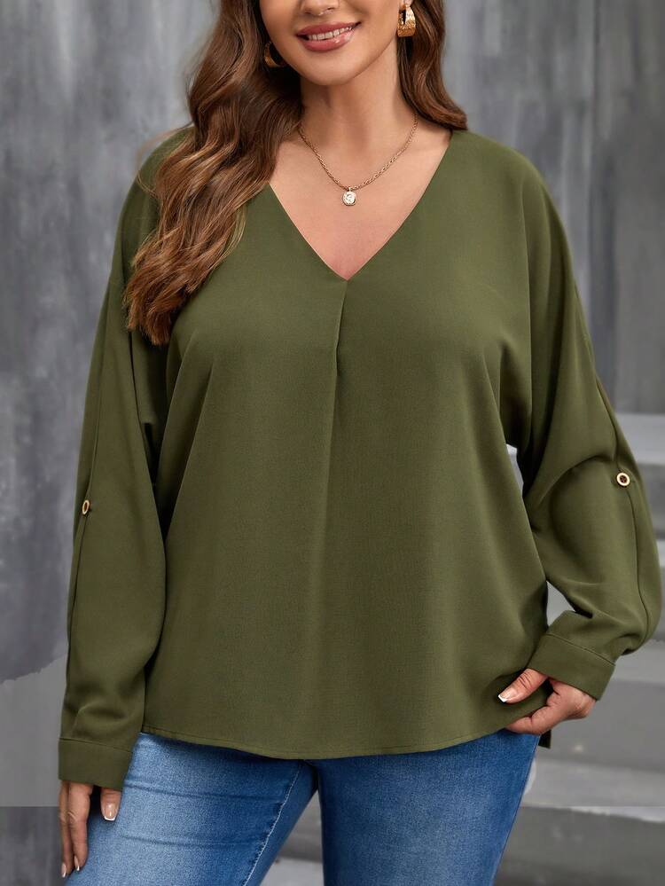 Plus Size Women's Roll-up Sleeve V-neck Shirt