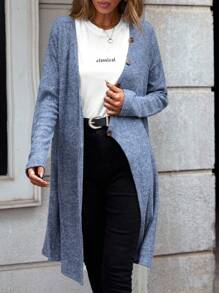 SHEIN LUNE Space Dye Drop Shoulder Button Front Coat - Blue - View 6