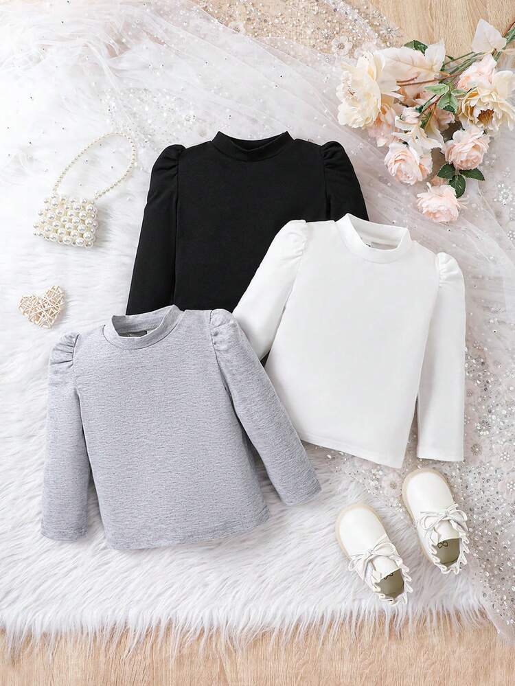 Infant Girls' 3 Pieces Solid Color Puff Sleeve Top With Half-High Collar