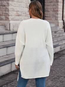 SHEIN Clasi Hơn Ngọc trai đính cườm Fringe Hem Thả vai Áo len Duster - trắng - Xem 4