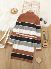 SHEIN Tween Girl Striped Pattern Mock Neck Sweater Dress Without Belt - Multicolor - View 2
