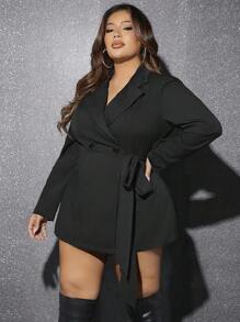 SHEIN SXY 大碼西裝領側打結西裝洋裝 - 黑色 - 查看 1