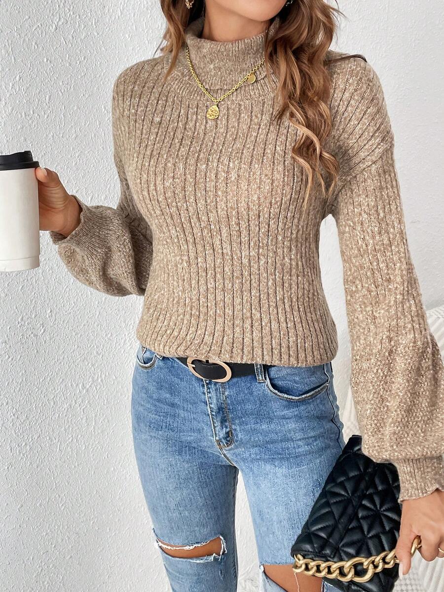 SHEIN Frenchy Áo cao cổ Tay áo lồng đèn Áo len - Màu Khaki - Xem 1