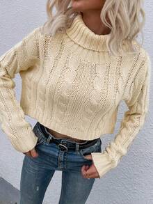 SHEIN Frenchy Turtleneck Cable Knit Drop Shoulder Sweater - Apricot - View 4