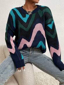 SHEIN Unity 圖形圖案落肩袖套頭毛衣 - 藏蓝色 - 查看 5