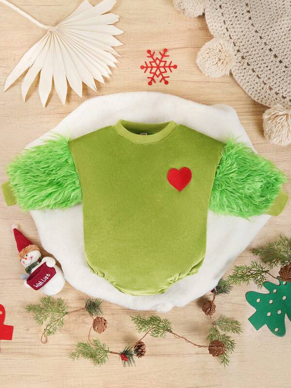 Baby Girl Heart Embroidery Contrast Fuzzy Sleeve Bodysuit