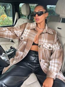 EURMUSE Plaid Print Drop Shoulder Flap Pocket Button Front Overcoat - Khaki - View 5