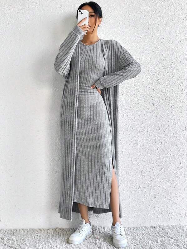 SHEIN EZwear Drop Shoulder Open Front Coat & Split Thigh Dress