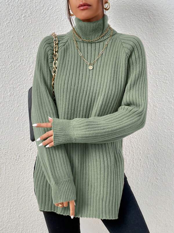 SHEIN Frenchy Turtleneck Raglan Sleeve Split Hem Sweater