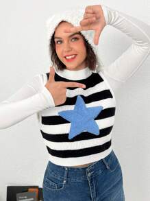 SHEIN EZwear Hơn Sọc & Hình sao Áo len vest Without Tee - Đen và trắng - Xem 4