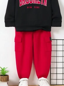 小男孩休閒街頭風格舒適保暖字母印花連帽衛衣加蓋口袋運動褲