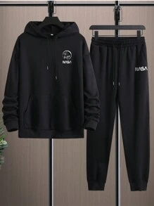 Manfinity Homme 男士字母印花束口連帽衛衣和長褲套裝 - 黑色 - 查看 3
