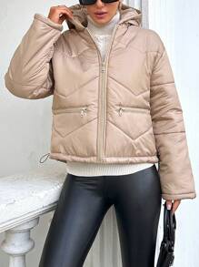 RueChic Drawstring Hem Zipper Hooded Puffer Coat - Apricot - View 4