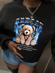 Slaydiva Bear & Slogan Graphic Drop Shoulder Sweatshirt - Black - View 6