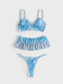 Floral Lace Underwire Lingerie Set - Baby Blue - View 3