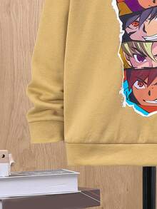 SHEIN Áo nỉ giữ nhiệt lót lông in hình hoạt hình dành cho bé trai tuổi teen - Màu Khaki - Xem 4