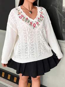 Flirla 大碼花卉刺繡網眼針織落肩袖套頭毛衣 - 白色 - 查看 6