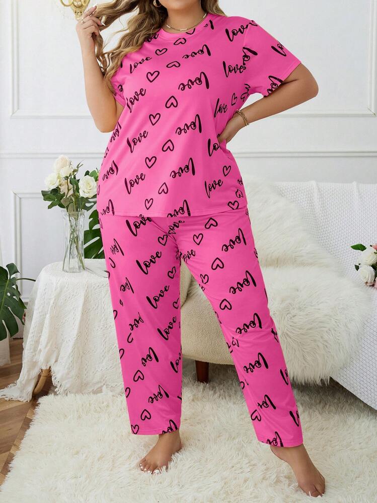 Plus Heart & Letter Graphic Top & Pants PJ Set, Pajama Set - Hot Pink - View 3