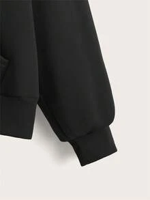 SHEIN EZwear Slogan & Figure Graphic Zip Up Thermal Lined Drawstring Hoodie - Black - View 4