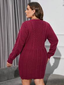 SHEIN Clasi Plus Solid Cable Knit Sweater Dress - Burgundy - View 2