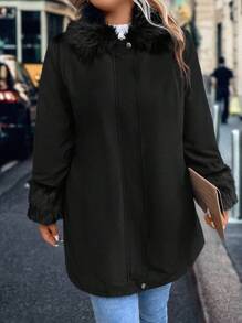 SHEIN LUNE Plus Fuzzy Trim Zipper Phía Trước Áo Khoác Parka Đệm Quần Áo Mùa Đông - màu đen - Xem 3