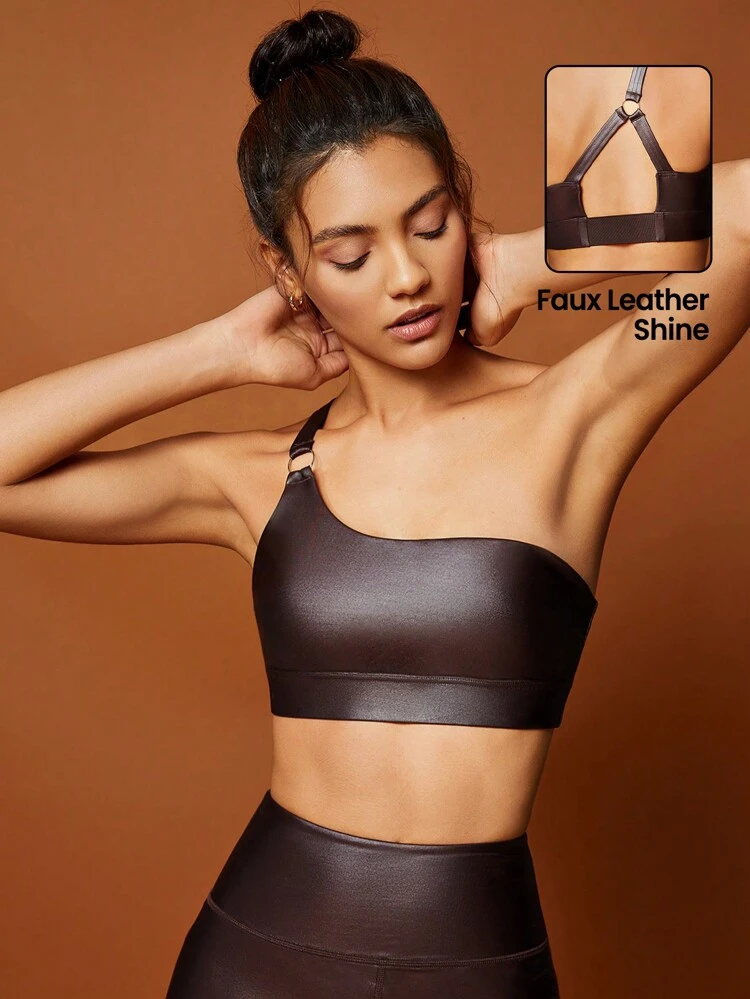 One Shoulder Ring Linked Crop Sports Bra