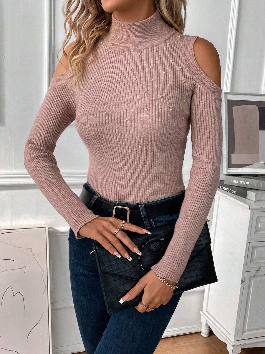 SHEIN Clasi Cold Shoulder Pearls Beaded Ribbed Knit Sweater - Dusty Pink - View 1