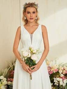 Vestido De Novia Largo De Malla Con Encaje En Contraste - Blanco - Ver 6