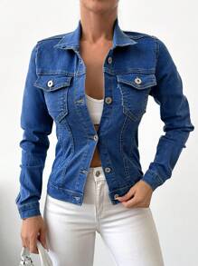 SHEIN Cottnline Chaqueta Vaquera Con Botones Y Bolsillo Con Solapa Para Mujer - Azul lavado medio - Ver 5