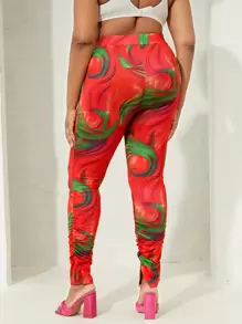 SHEIN SXY Plus Allover Print Ruched Split Hem Leggings - Red - View 2